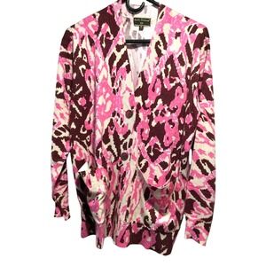 Kathy Ireland Pink Brown‎ Abstract Knit Cardigan Sweater Pockets Medium